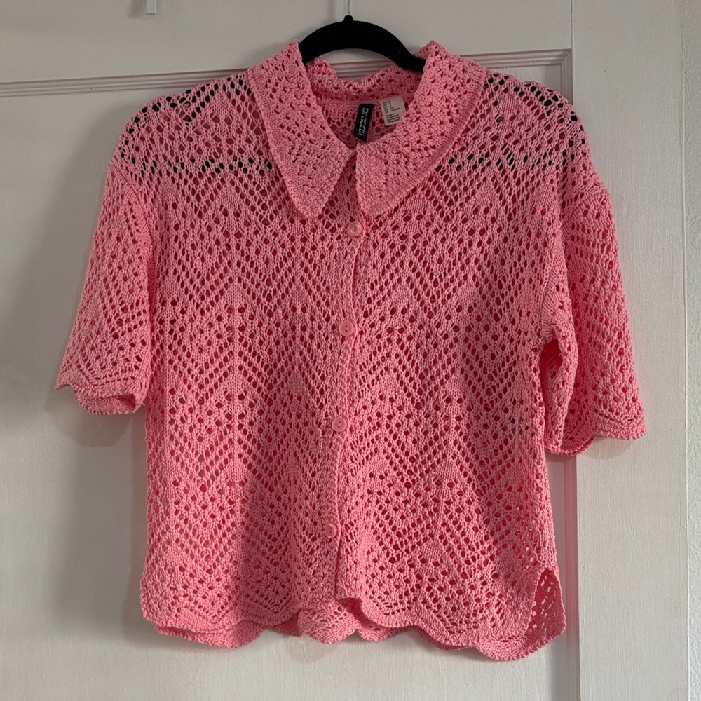 Divided Pink Crochet Button Down Shirt